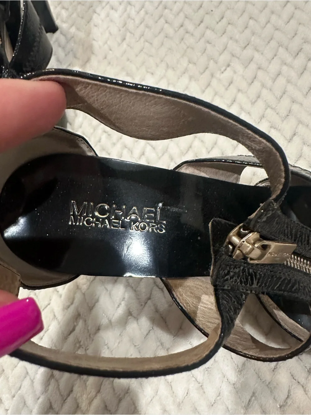 Michael Kors Black Patent Strappy High Heel Sandals with Front Zipper